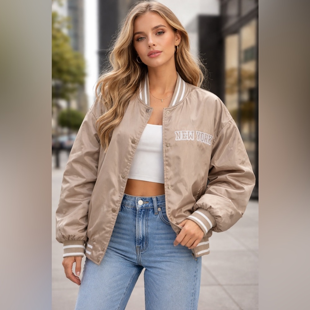 NEW Aéropostale Unisex Satin Varsity Bomber Jacket “New York” Tan Beige XL